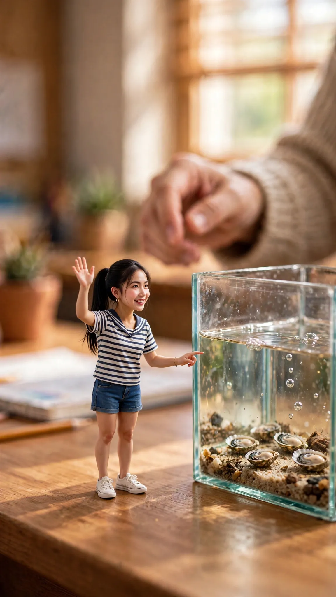 Tiny Zara beside a tabletop aquarium during an oyster restoration lesson