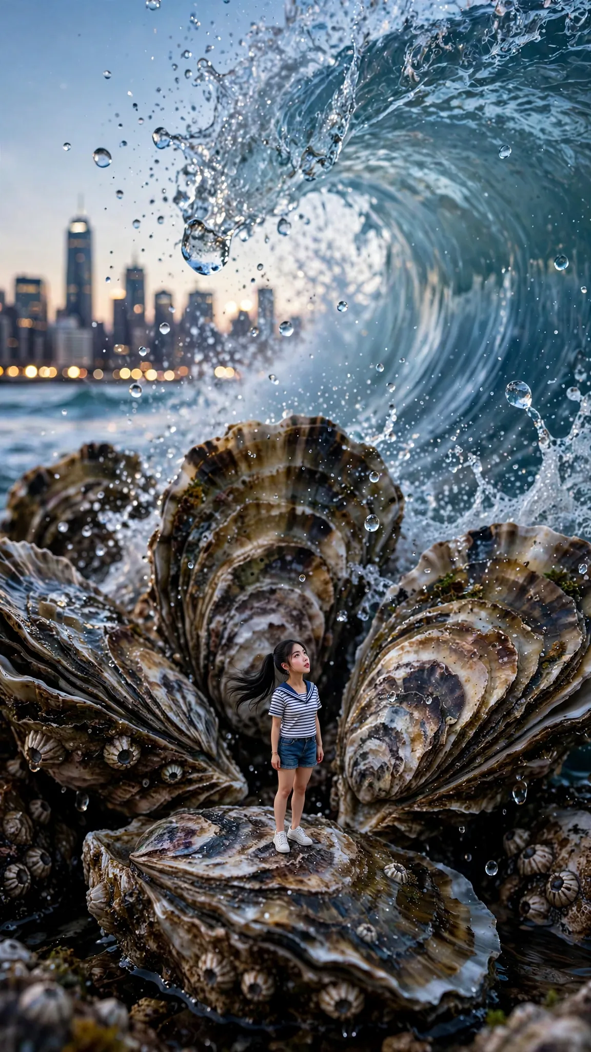 Tiny Zara standing among giant oyster shells as a wave rises against the New York skyline