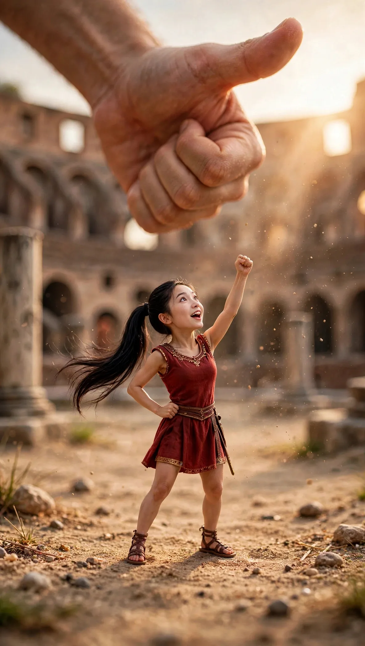 Tiny Zara at the Colosseum reaching toward an enormous hand