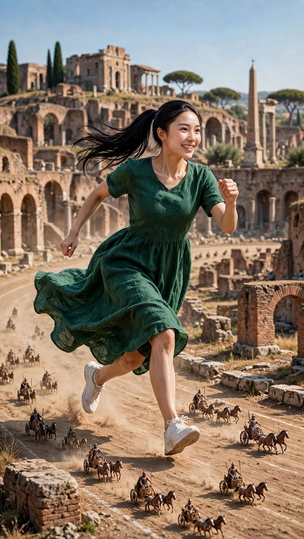Tiny Zara running through the vast ruins of the Circus Maximus