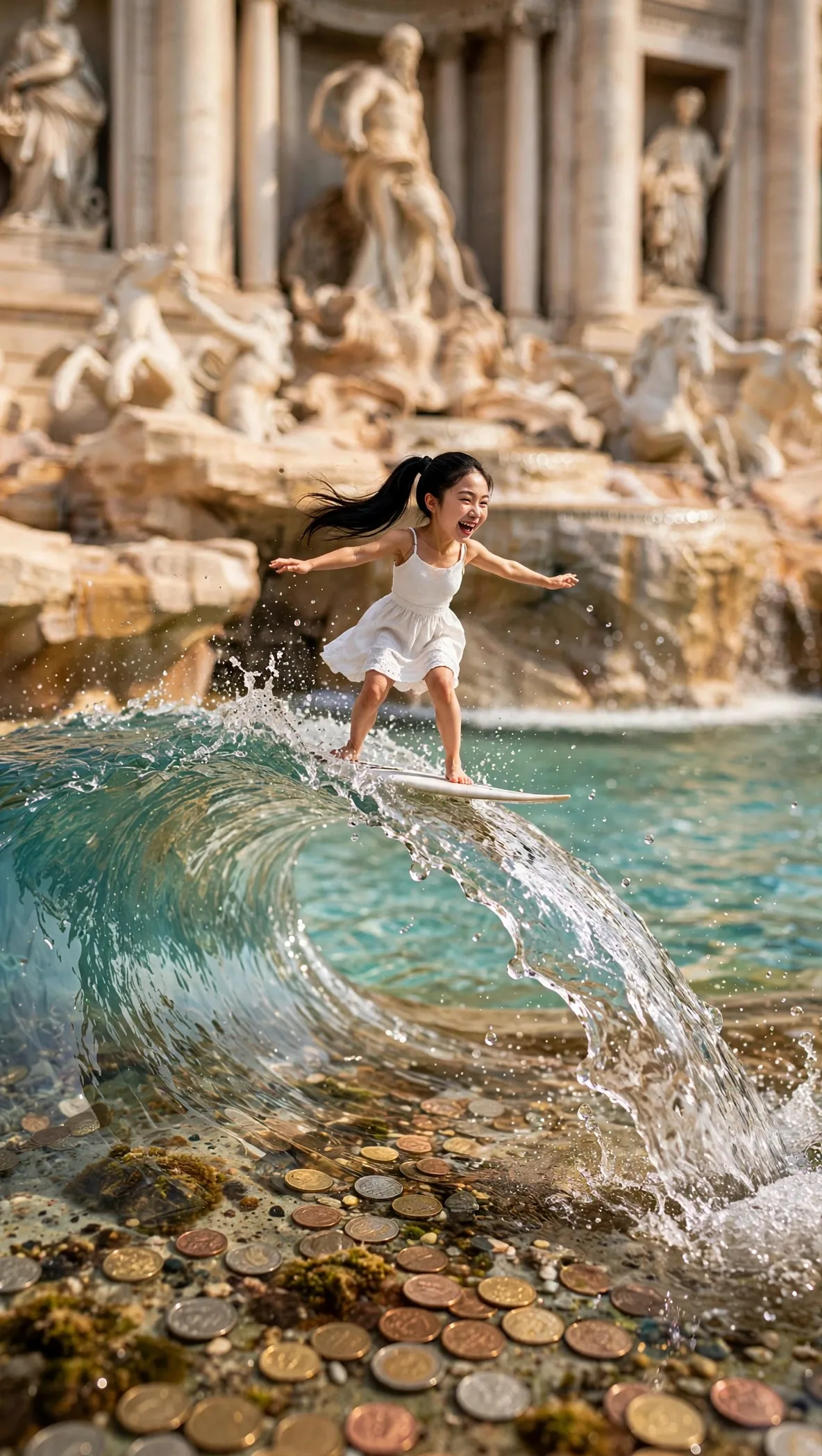 Tiny Zara surfing a wave of water and coins at the Trevi Fountain