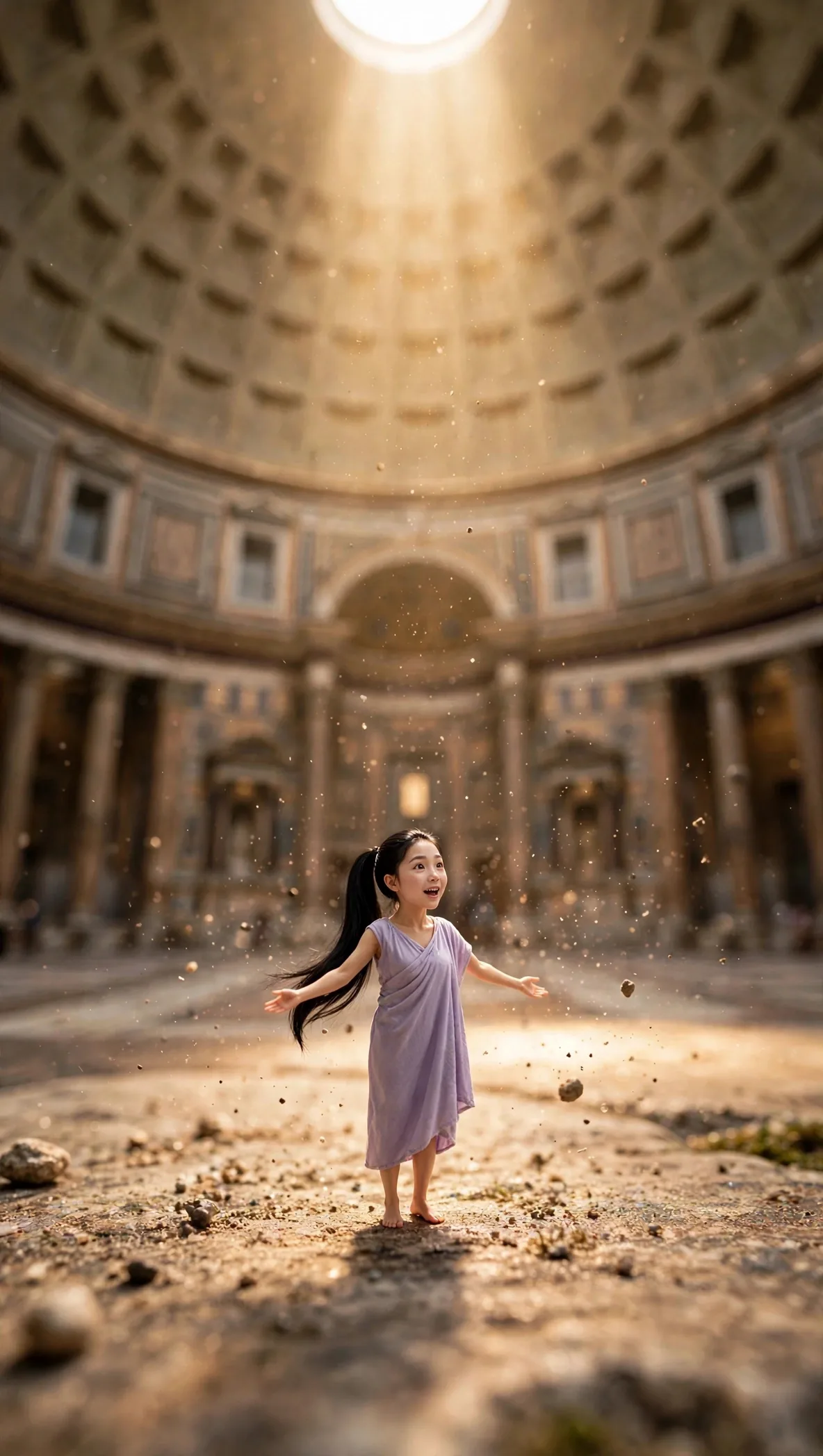 Tiny Zara standing beneath the vast sunlit dome of the Pantheon