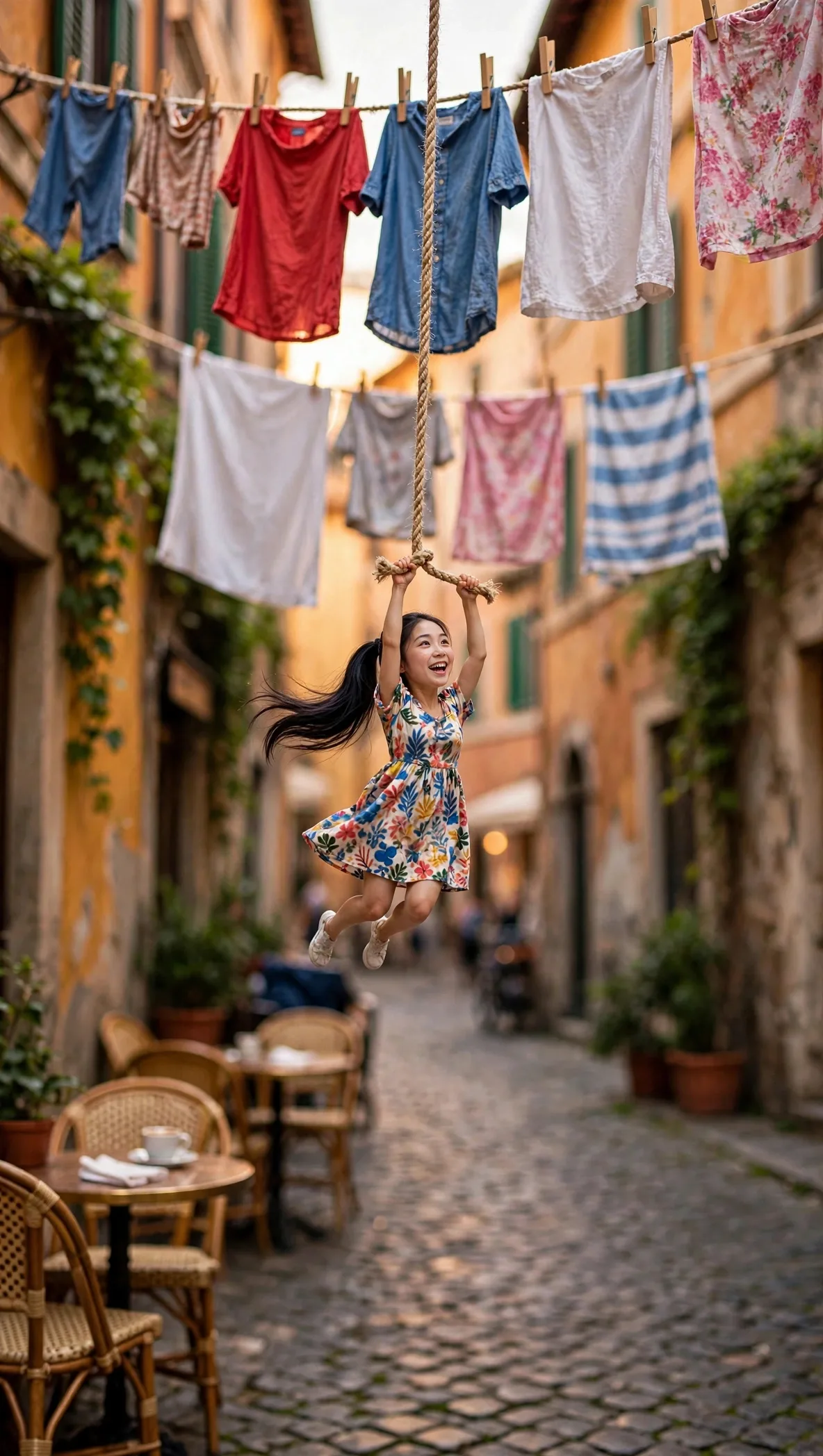 Tiny Zara swinging from a clothesline above a cobbled Trastevere lane