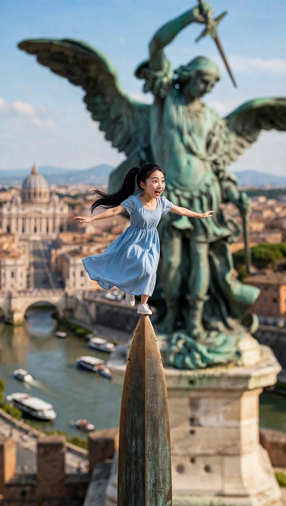 Tiny Zara perched high above Rome beside the angel statue at Castel Sant’Angelo