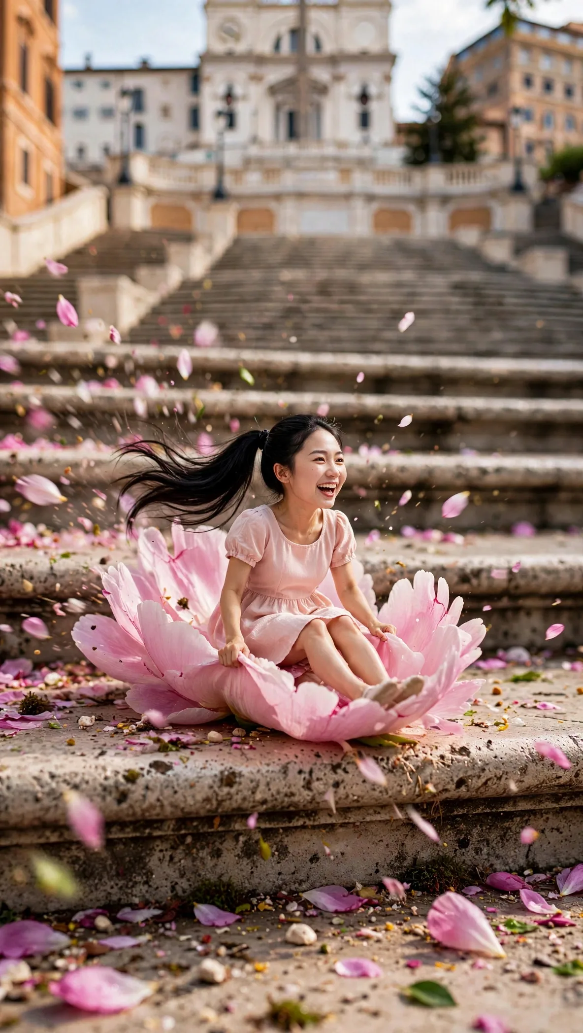 Tiny Zara resting on a pink flower petal at the Spanish Steps