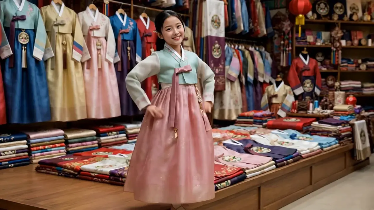 Zara in a rose-pink chima and mint jeogori inside a Seoul hanbok shop