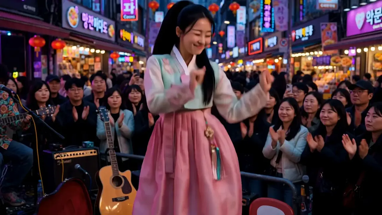 Zara dancing with musicians and a cheering crowd on a neon Hongdae street