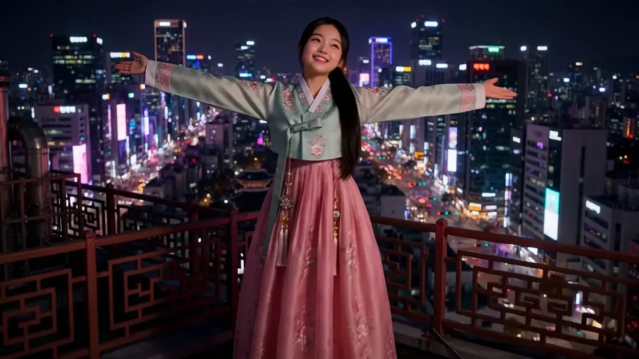 Zara opening her arms above Seoul’s illuminated night skyline