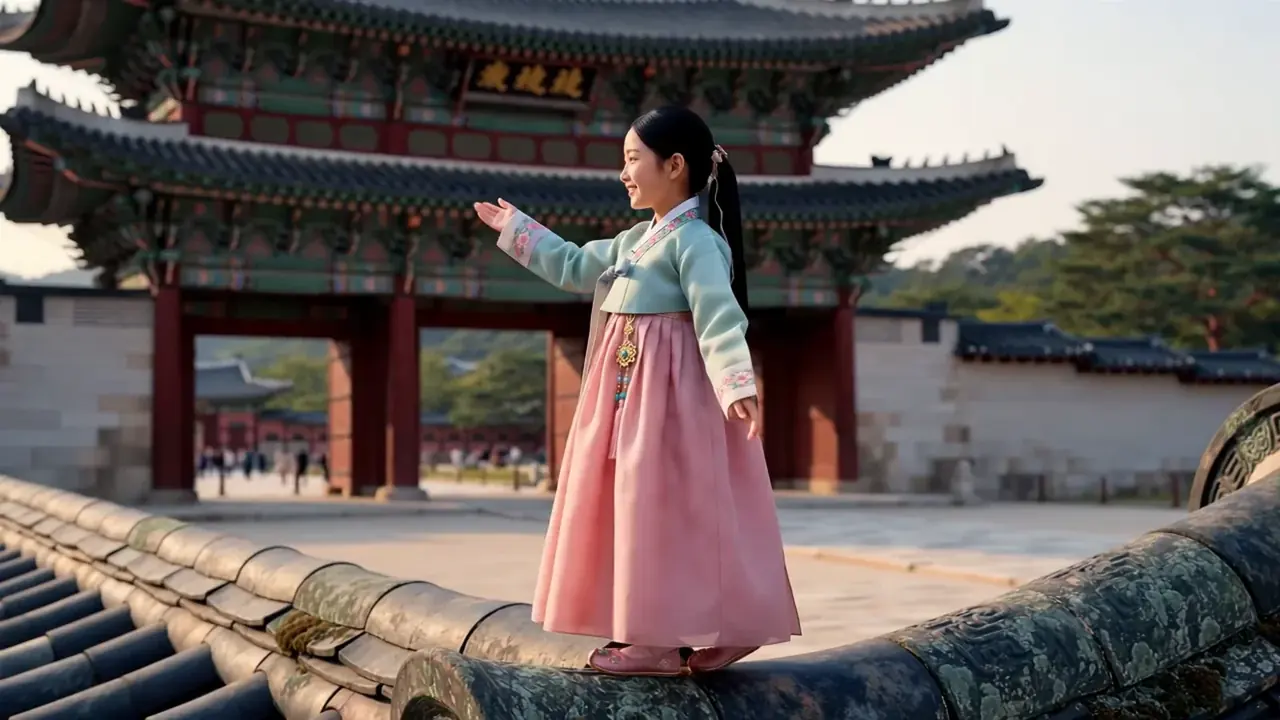 Zara in hanbok on the tiled roofline of Gyeongbokgung Palace