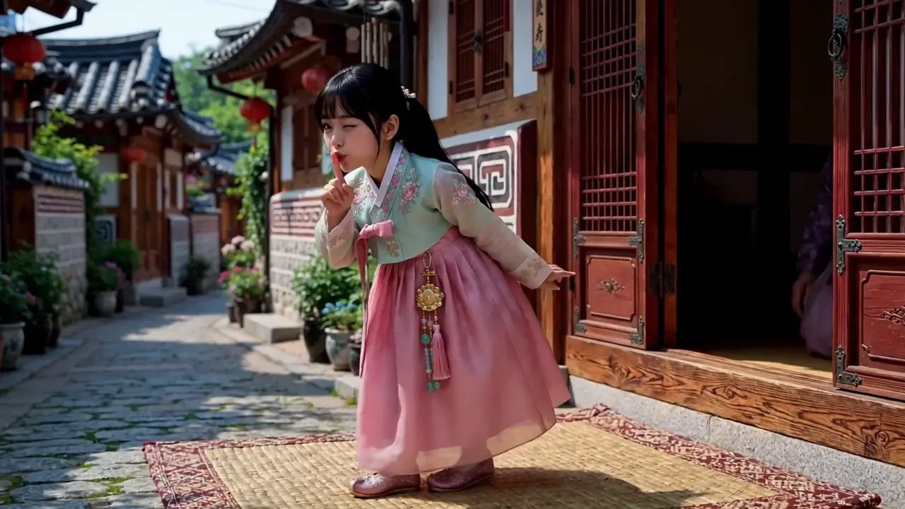 Zara tiptoeing through a traditional hanok lane in Bukchon