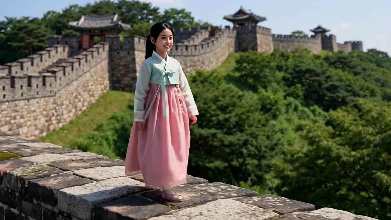 Zara walking along the stone walls of Hwaseong Fortress in Suwon