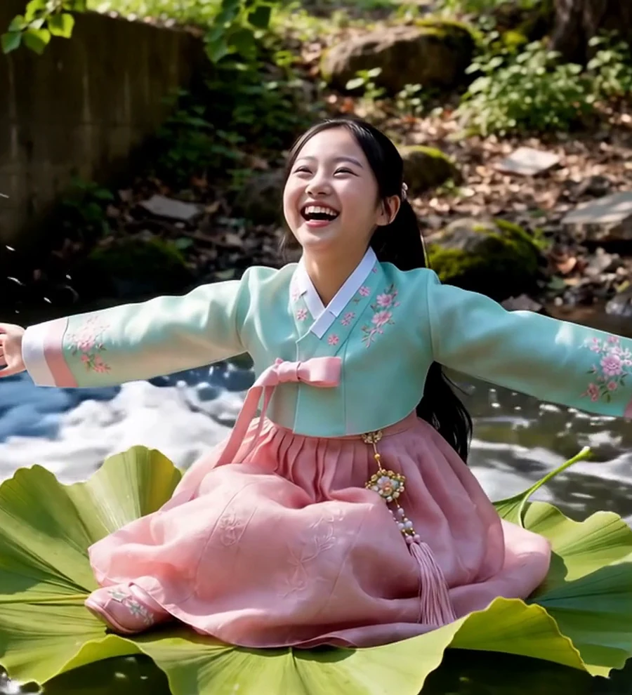 Tiny Zara laughing on a giant leaf as Cheonggyecheon, the river Seoul brought back, rushes into the light