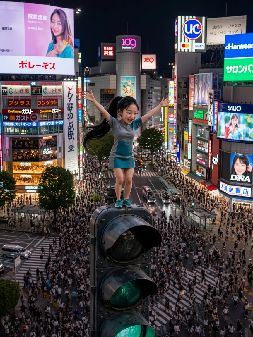 Tiny Zara balancing above Shibuya Crossing with her full face visible
