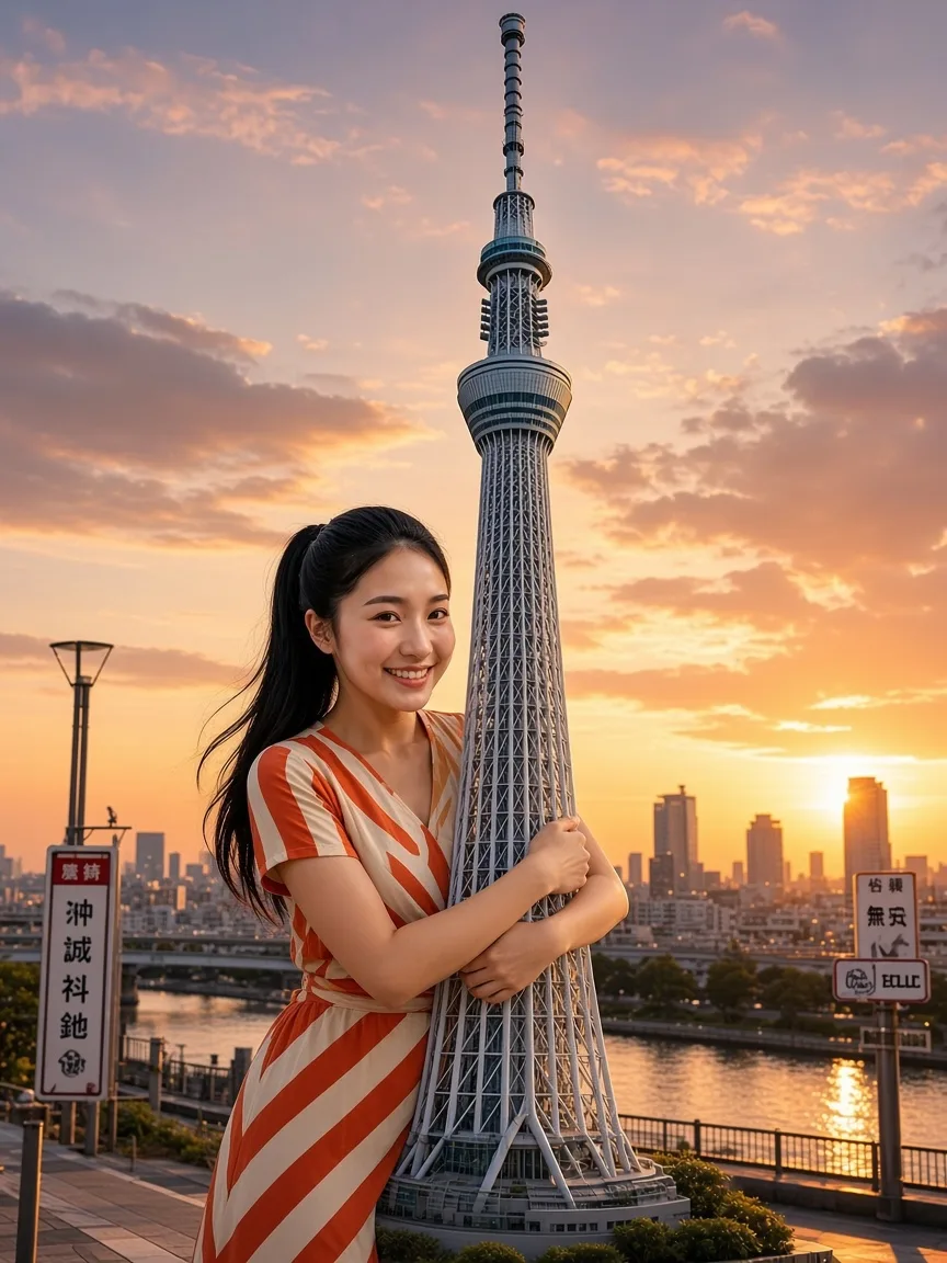Zara with Tokyo Skytree at sunset, full face visible