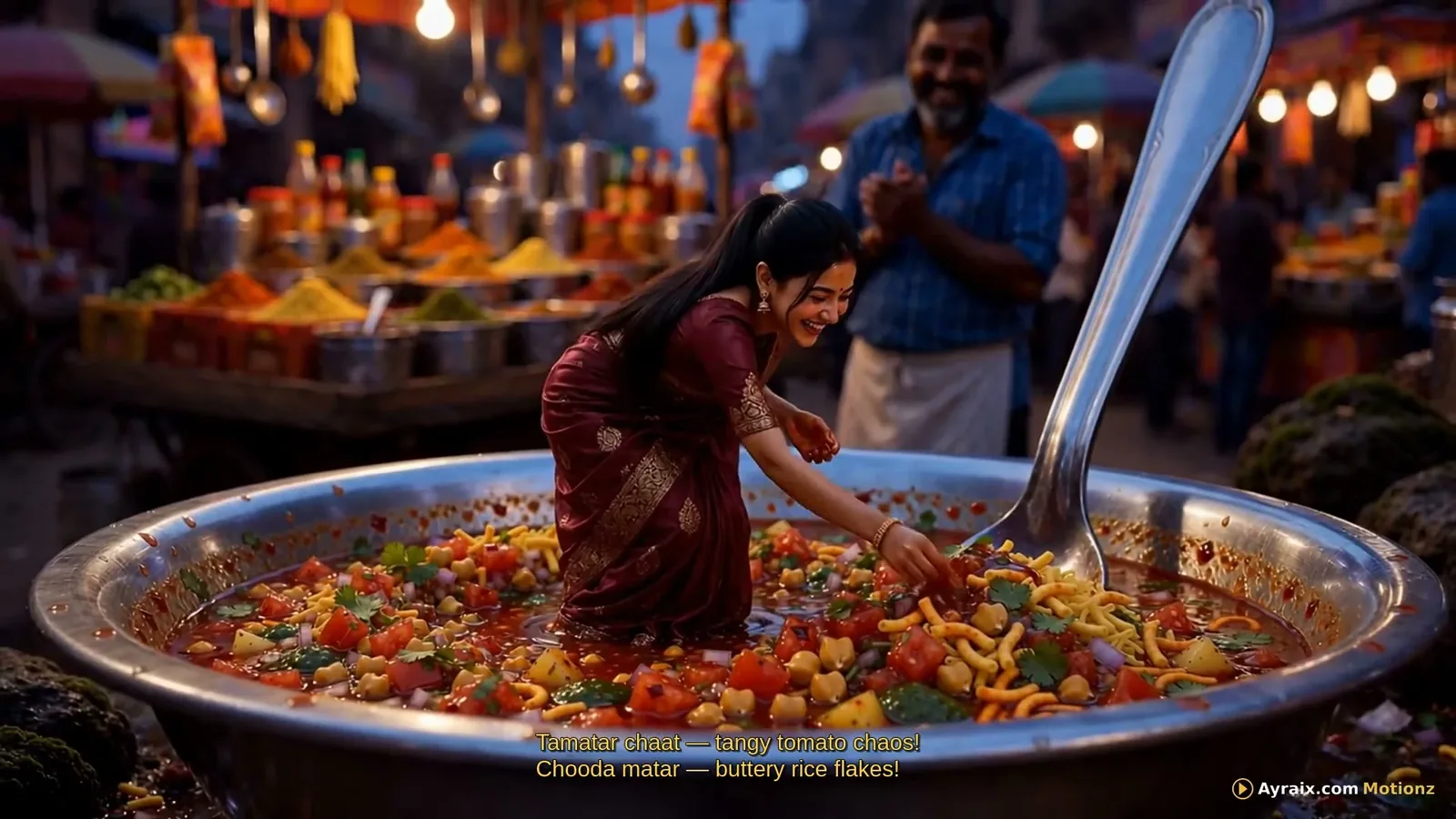 Tiny Zara beside an enormous plate of kachori-sabzi in a lively Varanasi food lane