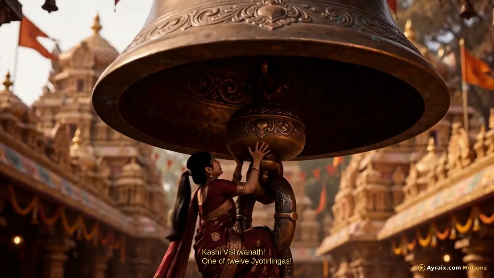 Tiny Zara beside a huge conch shell and rows of lamps during Ganga Aarti