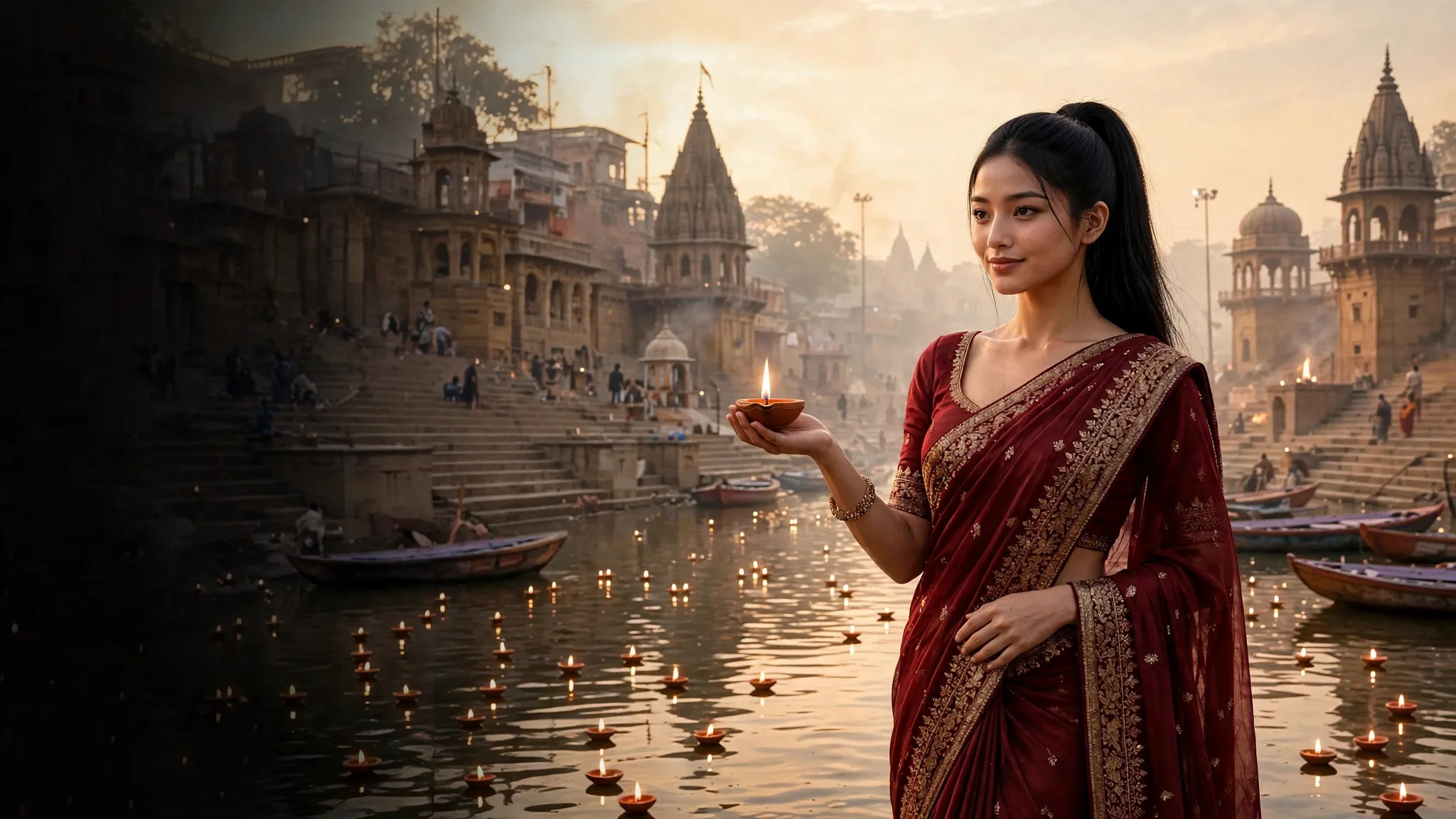 Zara in a burgundy sari holding a glowing diya, with Varanasi’s ghats, temples, boats and the Ganga behind her