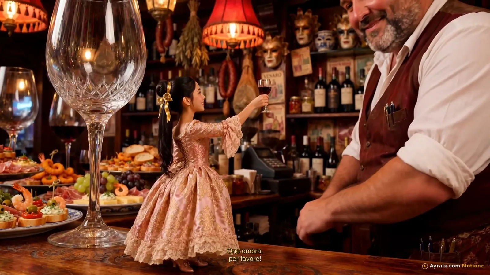 Tiny Zara at a Venetian bacaro wine bar beside an enormous wine glass