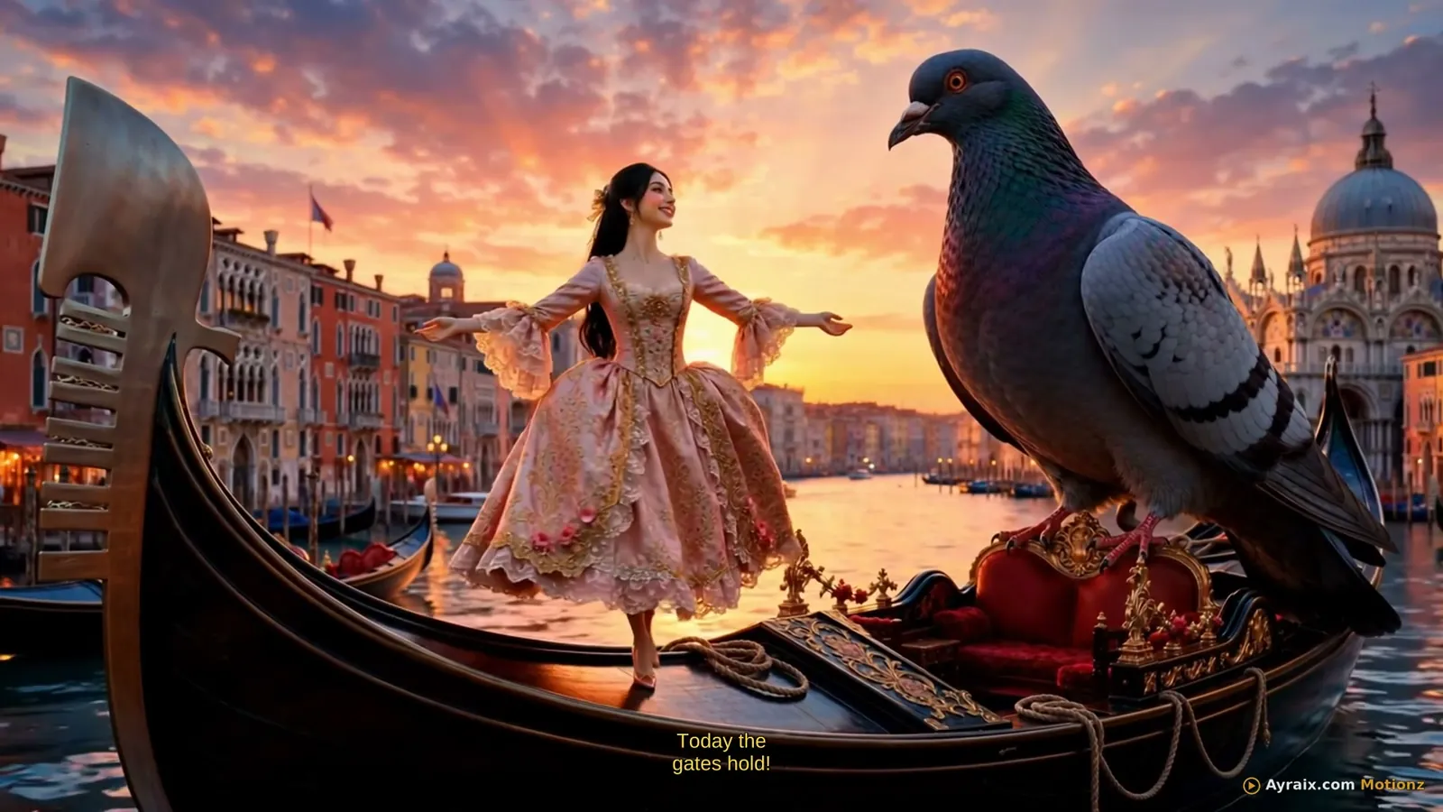 Tiny Zara with arms wide on a gondola at sunset