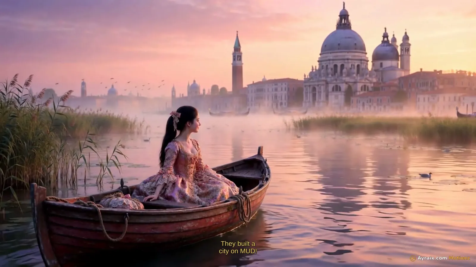 Tiny Zara in a small boat on the misty Venice lagoon at sunrise