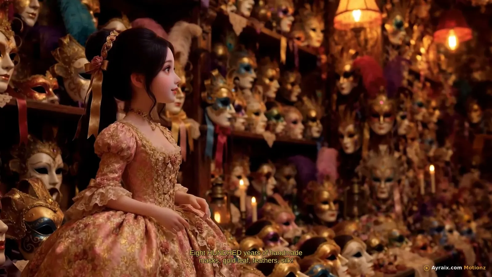 Tiny Zara among Venetian carnival masks