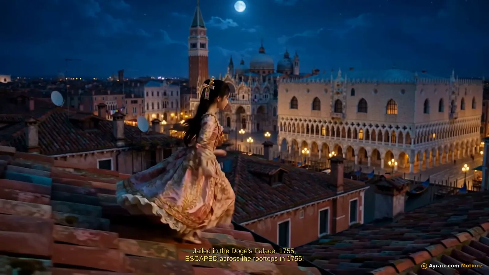 Tiny Zara escaping across the rooftops near the Doge's Palace at night