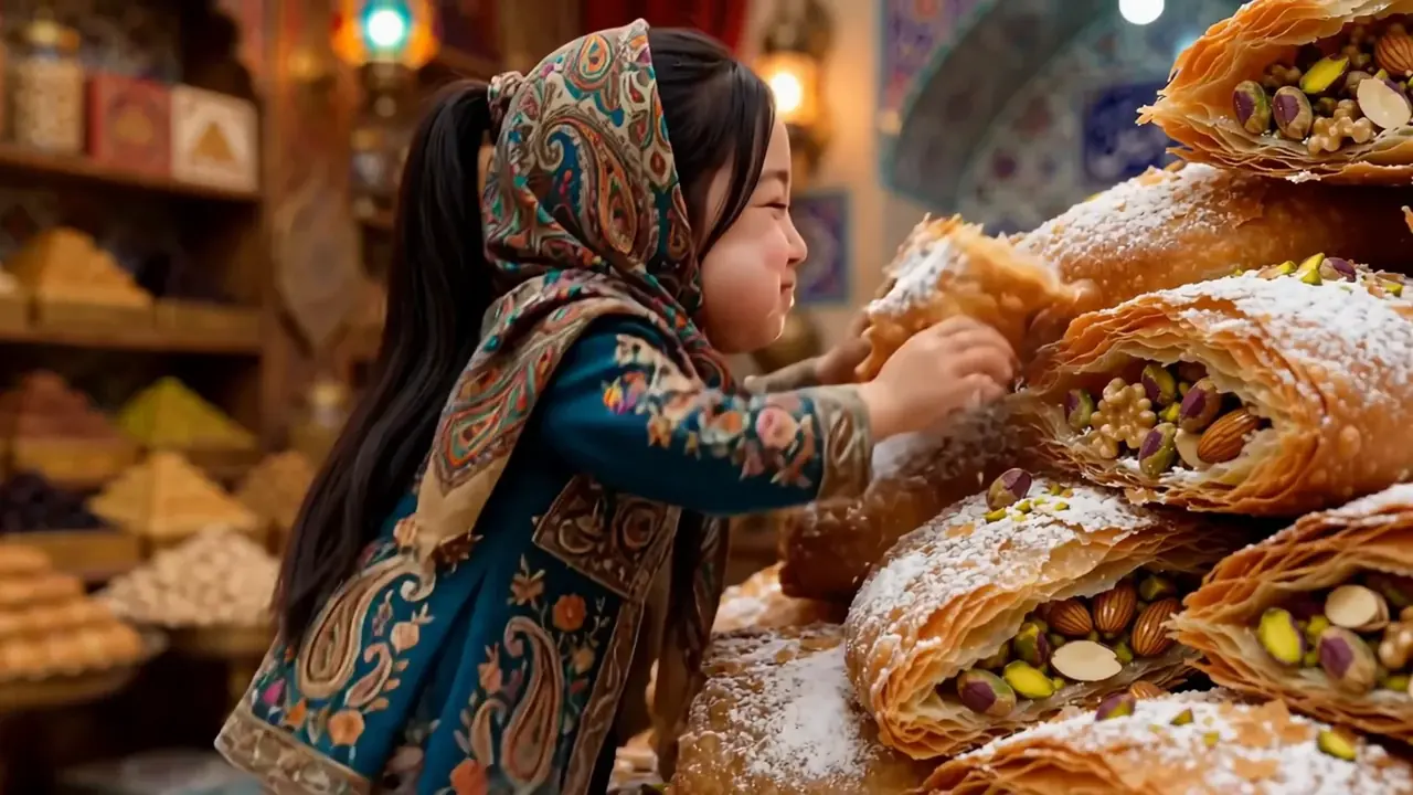 Tiny Zara climbing beside an enormous qottab pastry dusted with sugar