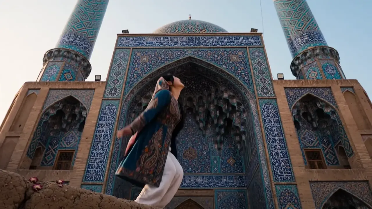 Tiny Zara looking up at the turquoise-tiled Jameh Mosque of Yazd