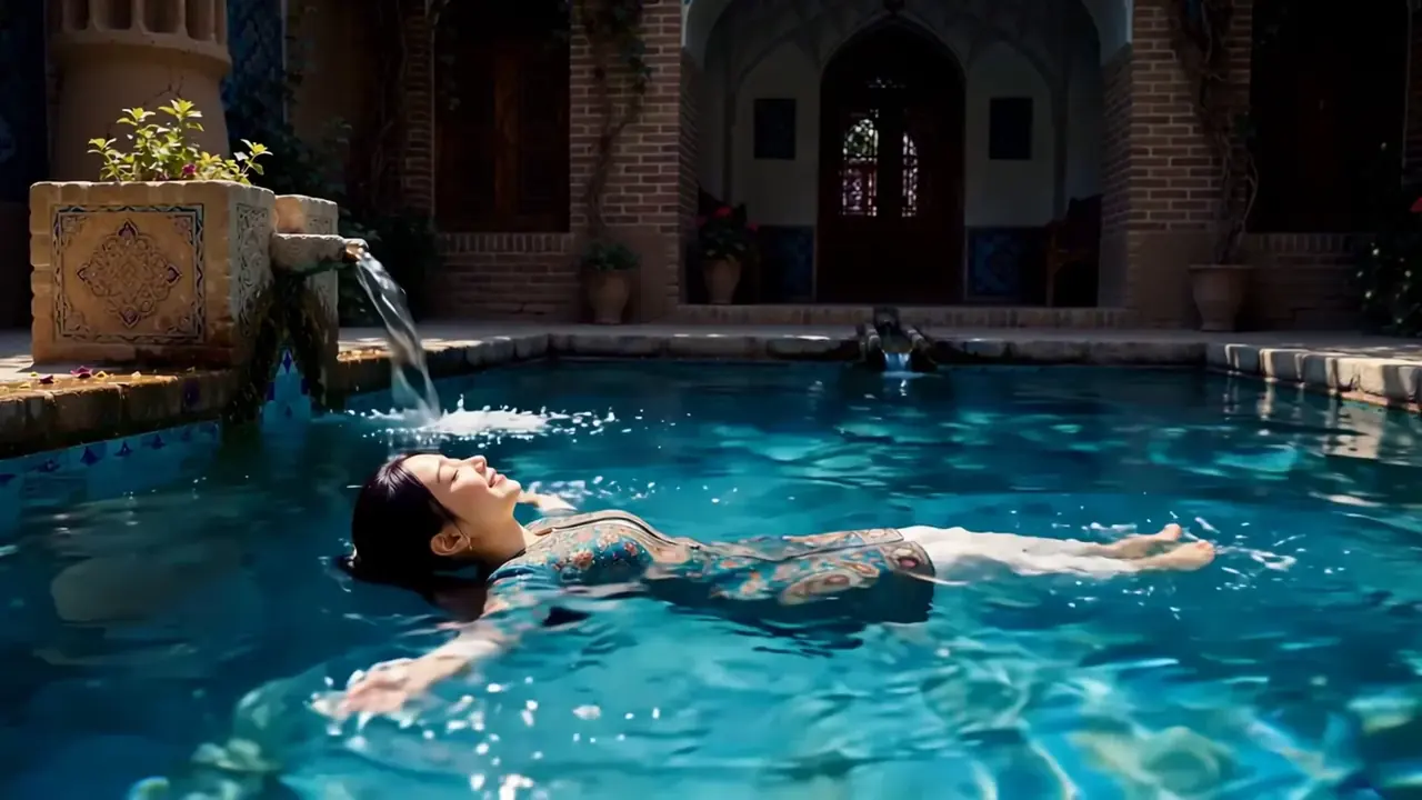 Tiny Zara floating in a courtyard pool cooled by water and airflow