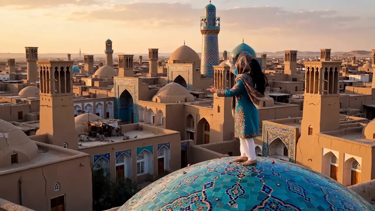 Tiny Zara standing on a tiled dome above Yazd's windcatcher skyline
