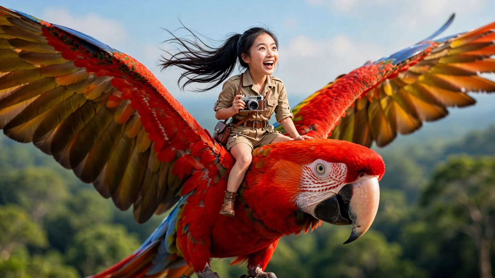 Tiny Zara rainbow ride with the scarlet macaw