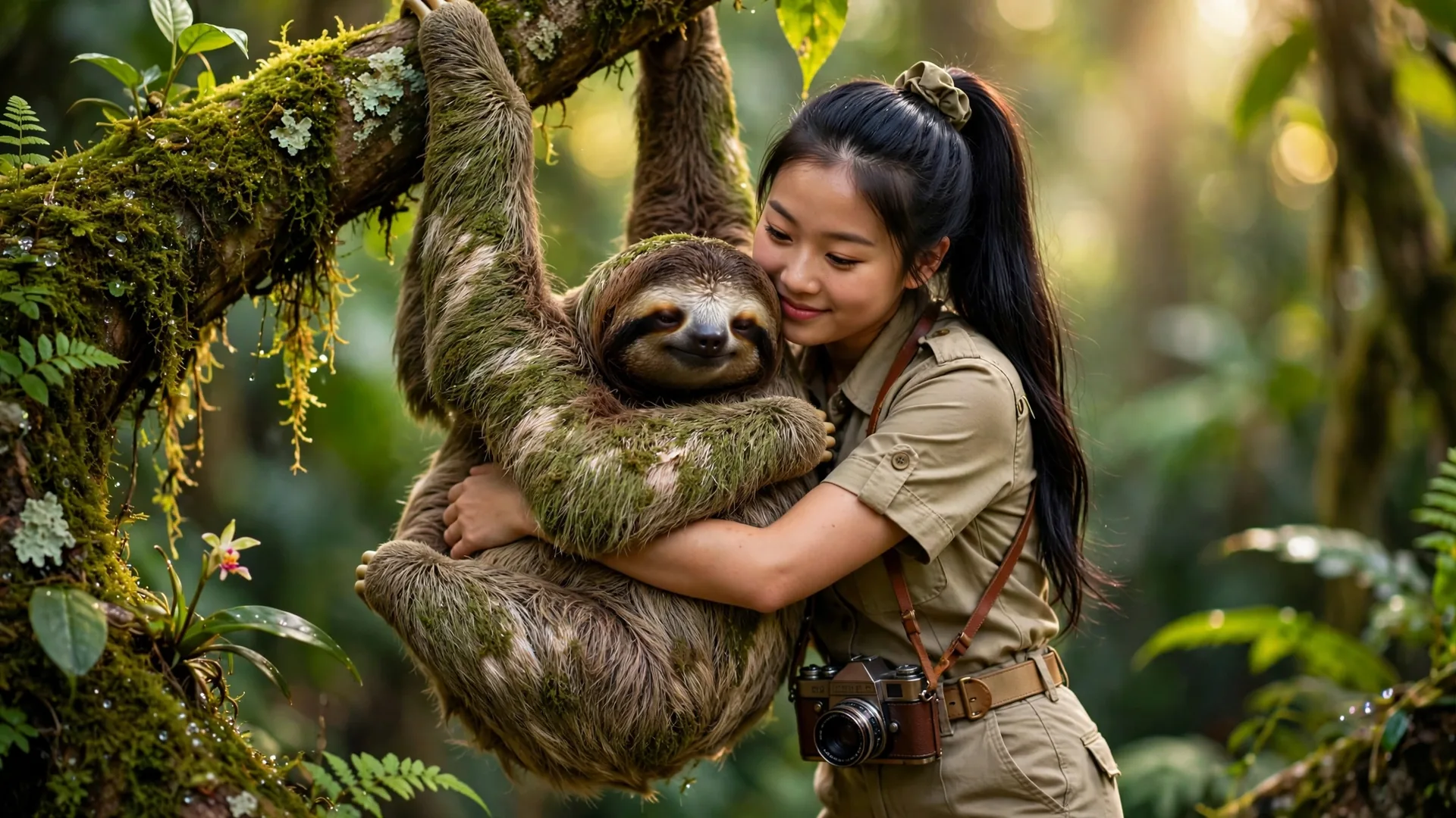 Tiny Zara slow-motion hug with the sloth