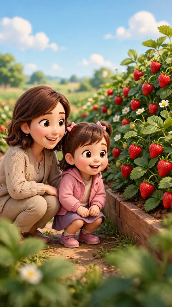 Mia and Mama Lily finding strawberries in the orchard