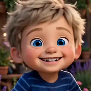 Builder Boy smiling in his striped tee