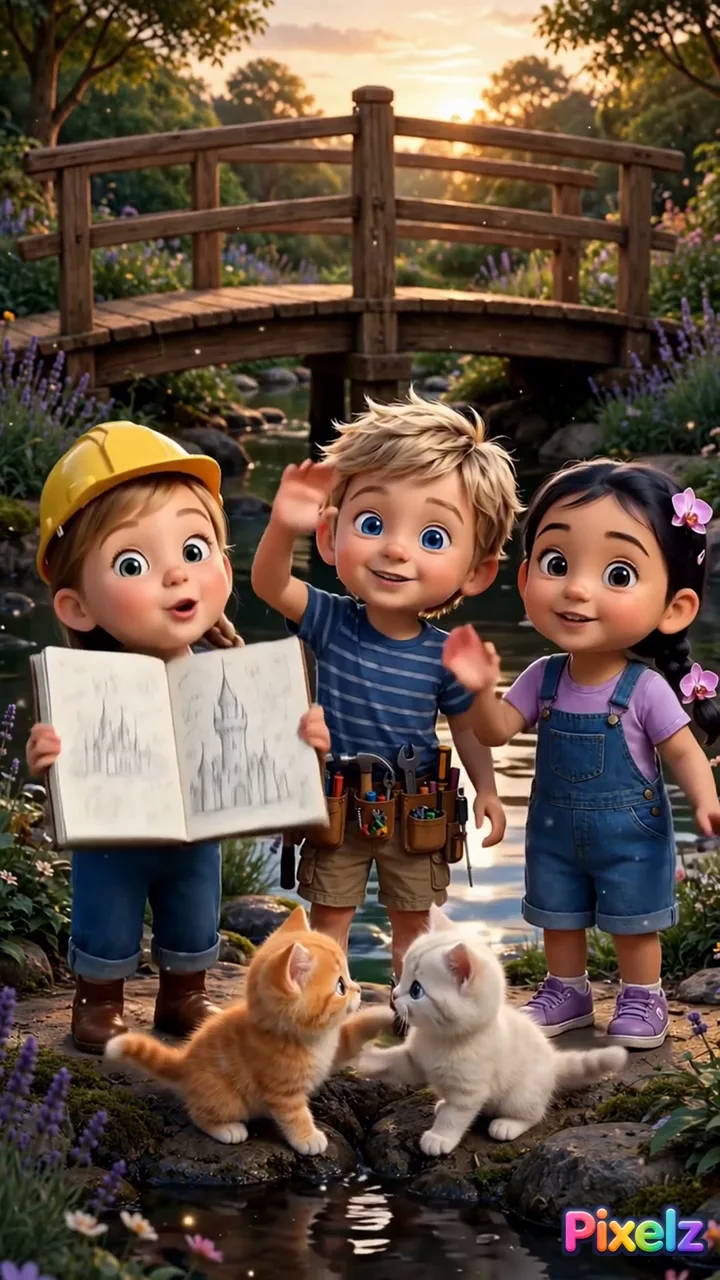 Pippa with her sketchbook, Builder Boy and Tuki waving by a garden bridge, with kittens Bolt and Mochi