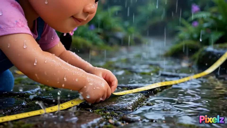 Tuki stretching a yellow measuring tape across the puddle