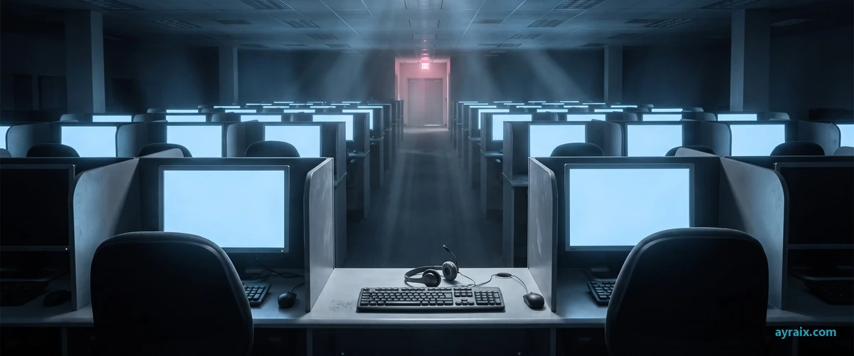 Rows of empty call-center workstations glowing blue in the dark, not one person in the room, a headset left resting on the nearest keyboard