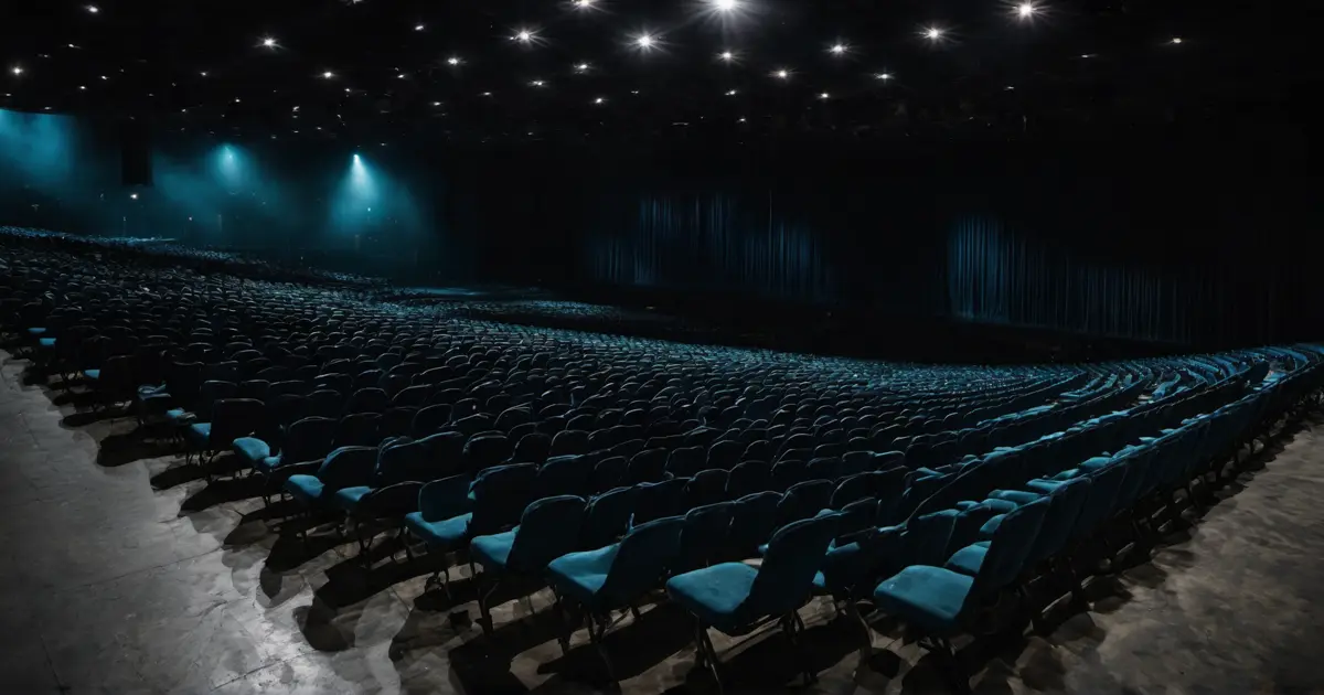 A lone figure stands in a vast dark space, illuminated by a single shaft of light, surrounded by empty chairs and screens — the architecture of connection that no one occupies