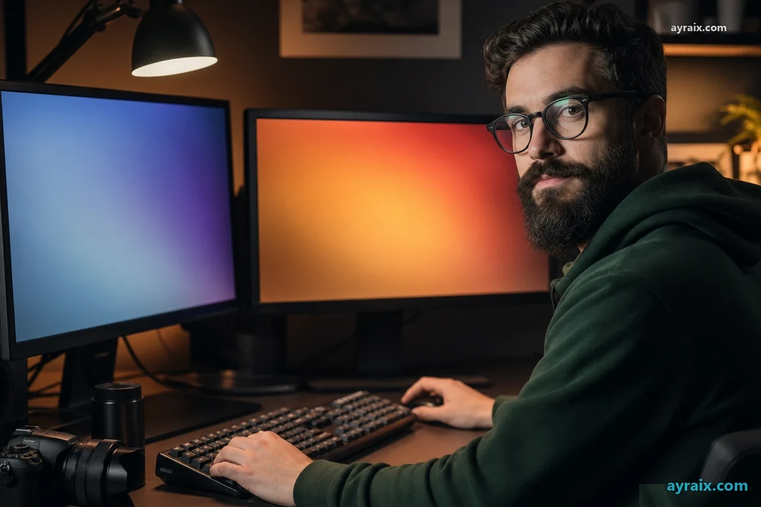 Creator at multi-monitor desk under warm lamp — cadence as product requirement, not lifestyle choice