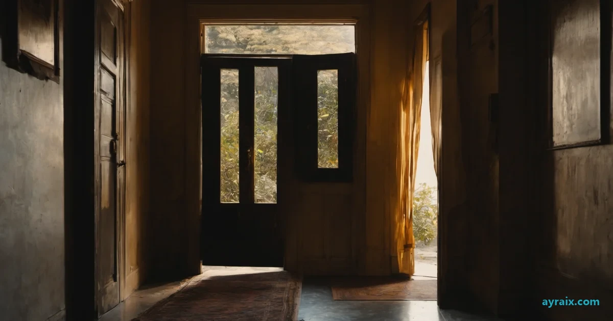 A closed Japanese apartment door at night, a single thin strip of warm light creeping under it from inside — the door that locks from the inside