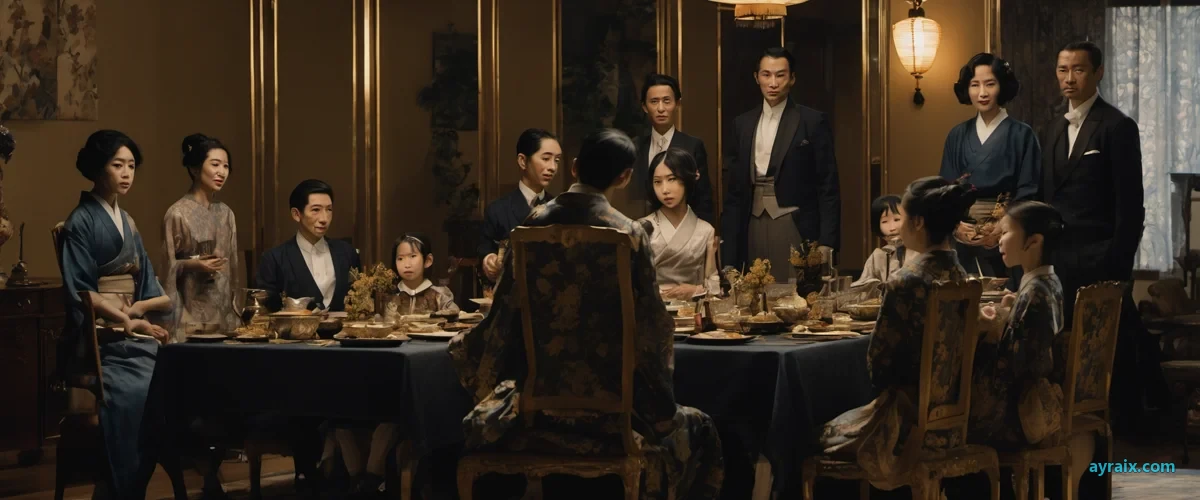 A dim Japanese room with a low table, a stranger's hand across from a child's hand — the transaction behind the rental family