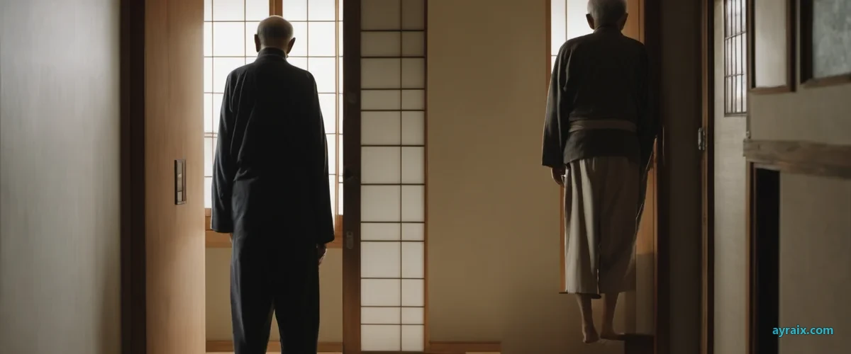 An elderly Japanese woman sits alone in a dim room, a tray of food untouched on a low table, facing a closed door she has been bringing food to for decades — the 8050 problem
