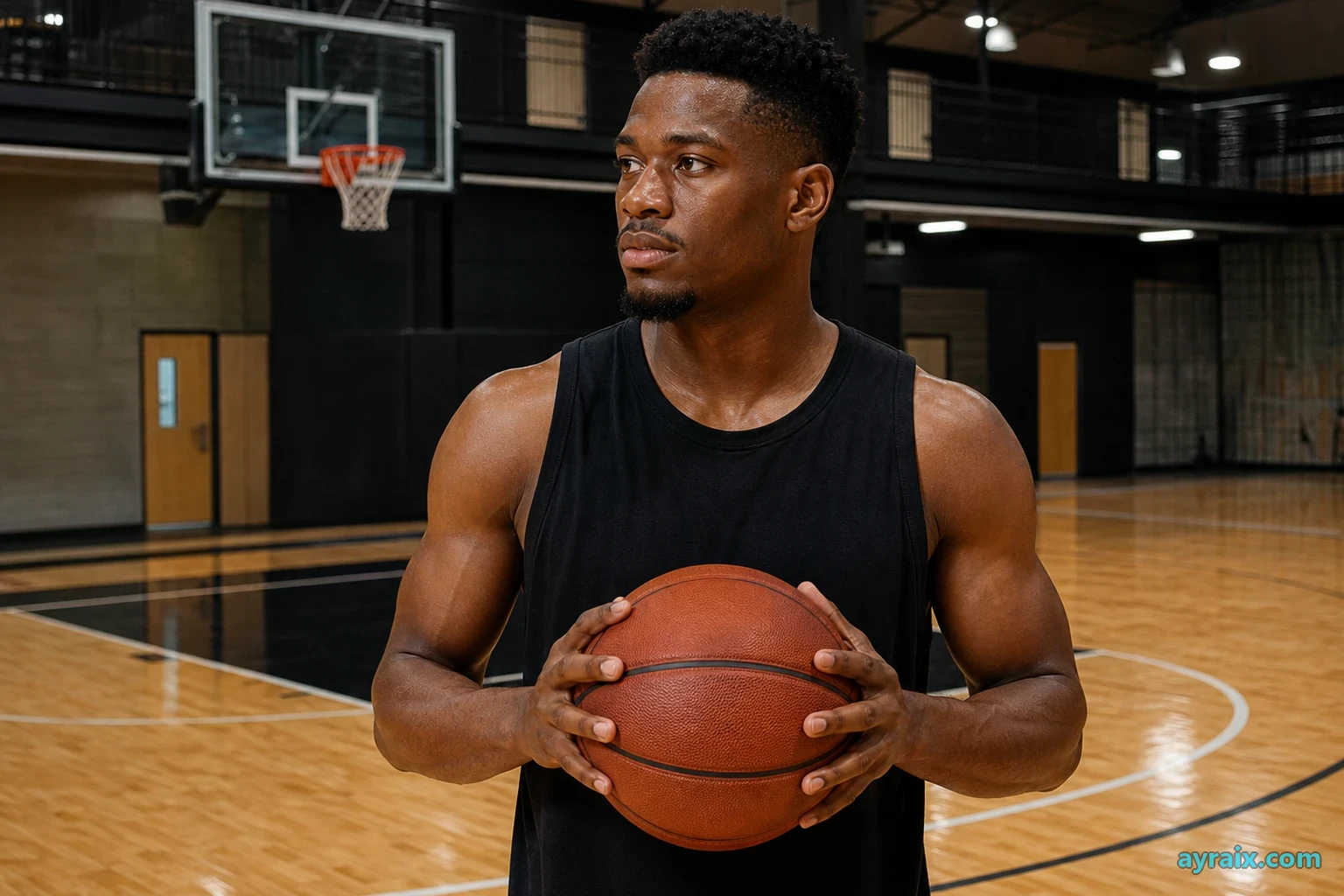 Athlete with basketball in gym — biometrics sold as health, governed like employment