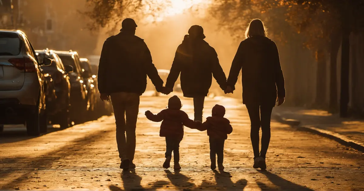 A warm sunrise over a quiet street, a parent and child walking hand in hand, silhouettes in golden light — the friendship that shows up