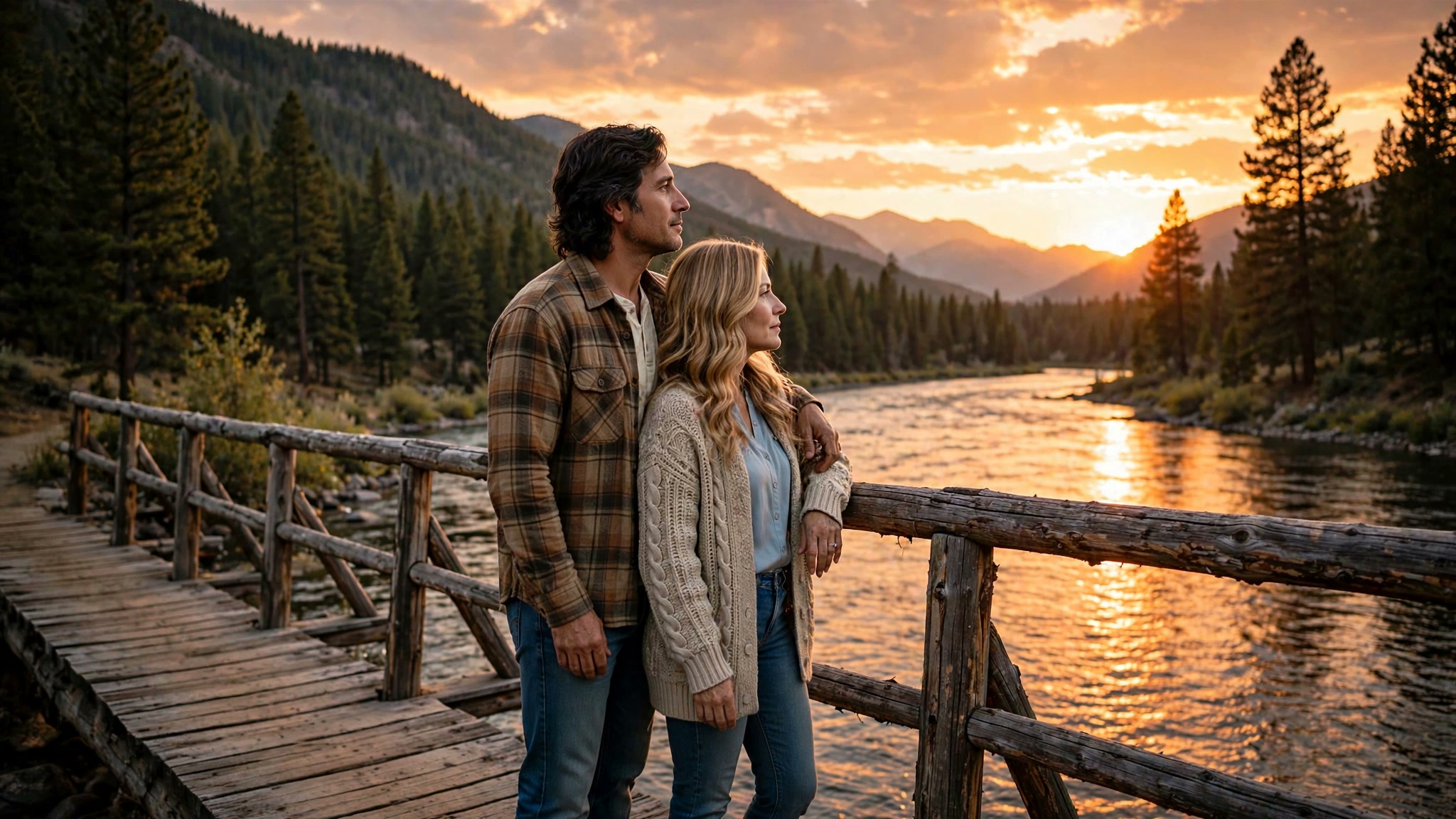 Elias and Clara standing together on a wooden bridge over the river at sunset