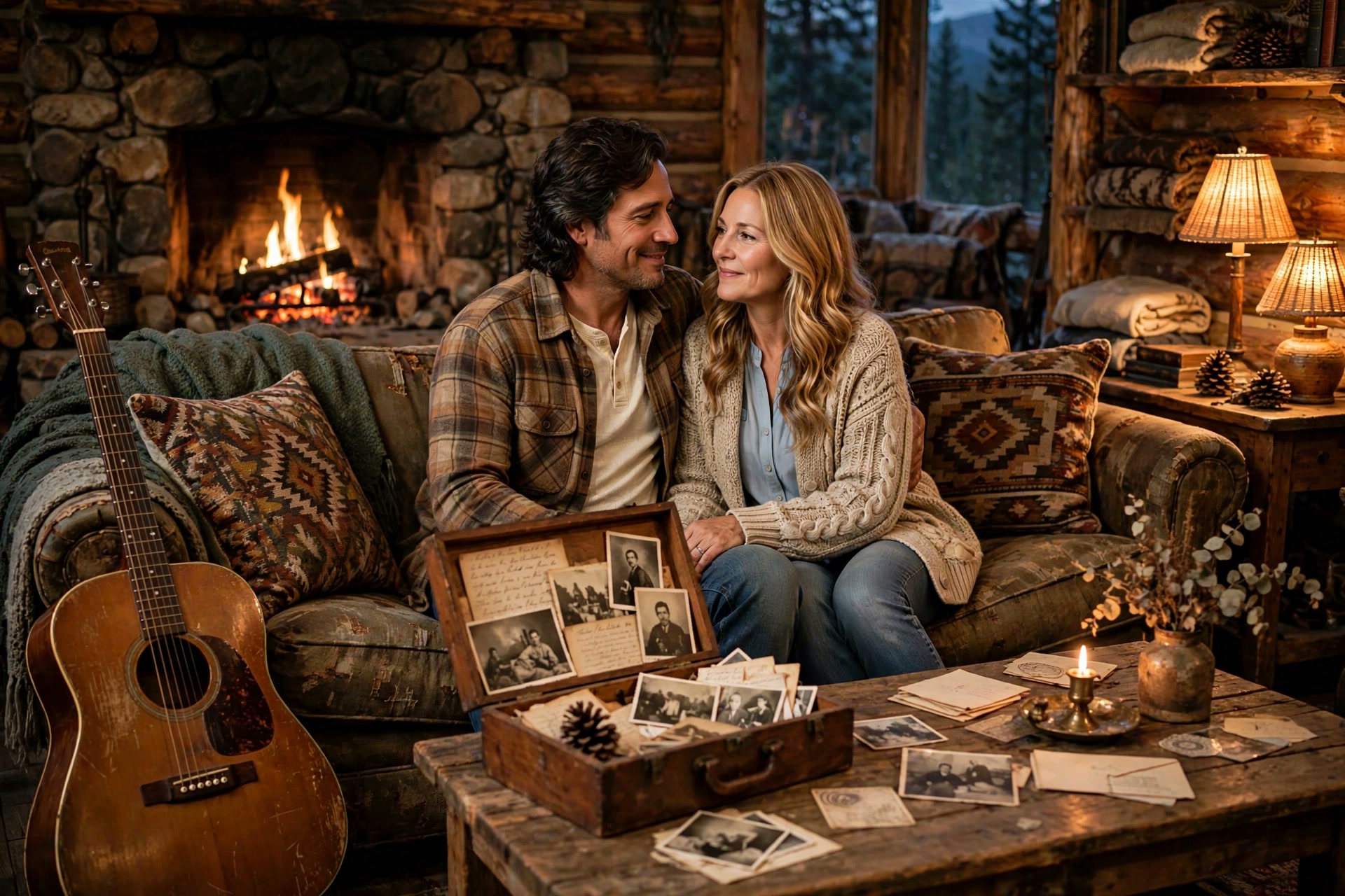 Elias and Clara on a cabin sofa with a box of old photographs and the guitar by the fire