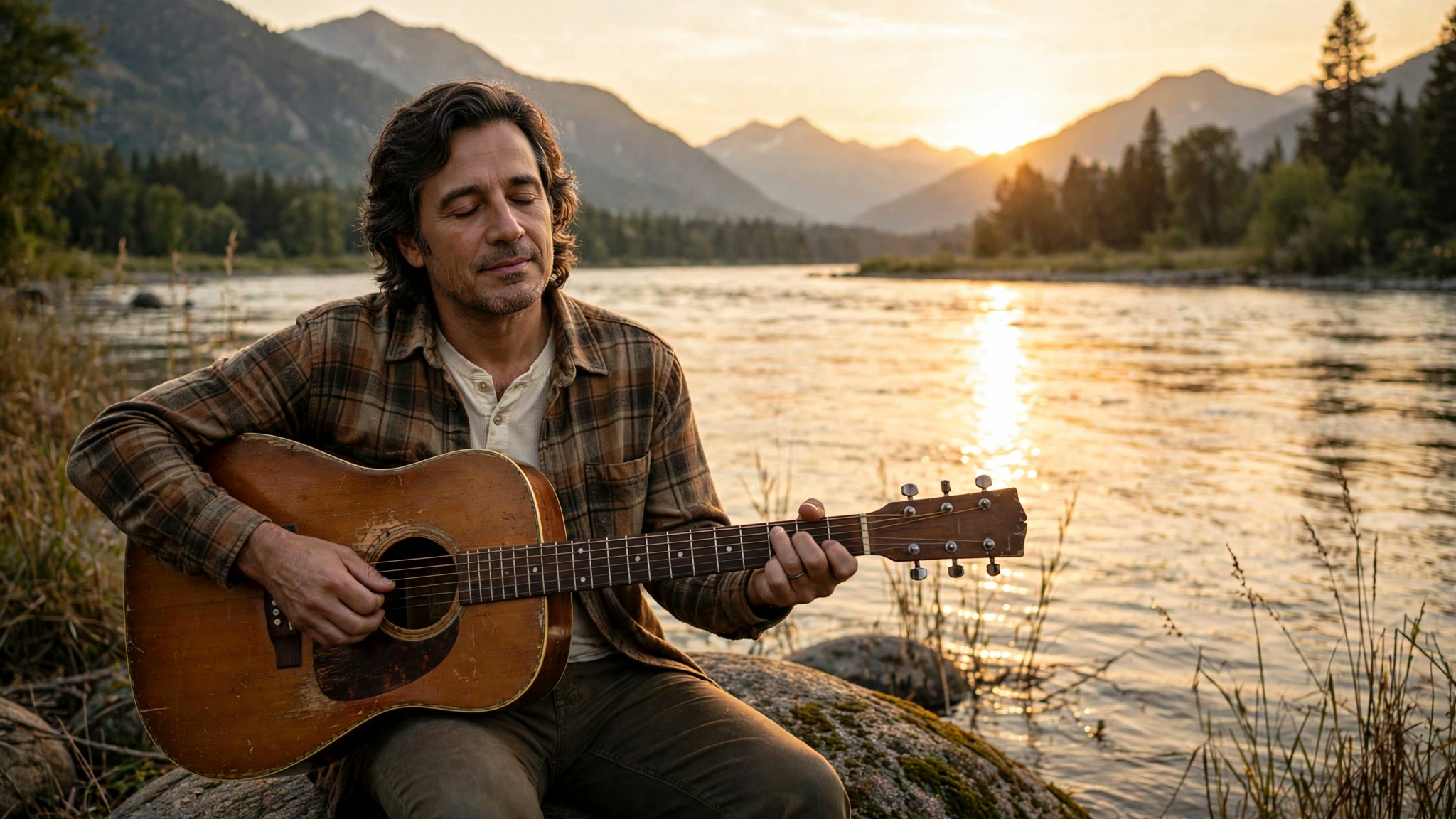 Elias playing acoustic guitar on a river rock at sunset